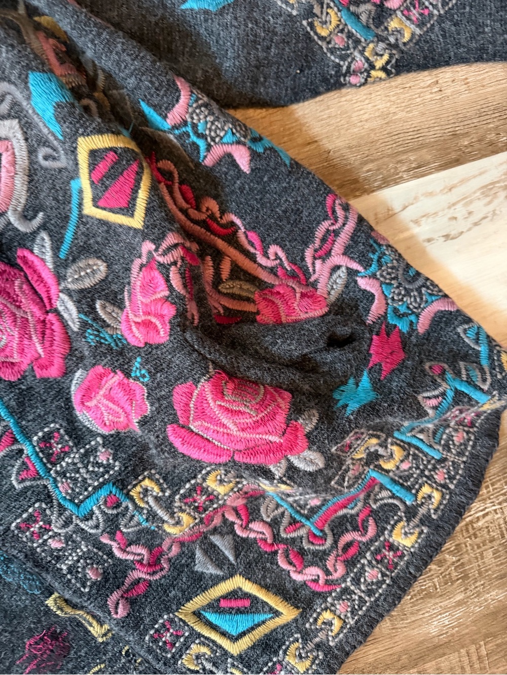 Johnny Was Biya Charcoal Cardigan with Pink and Turquoise Embroidery, Hooded - Picture 3 of 7